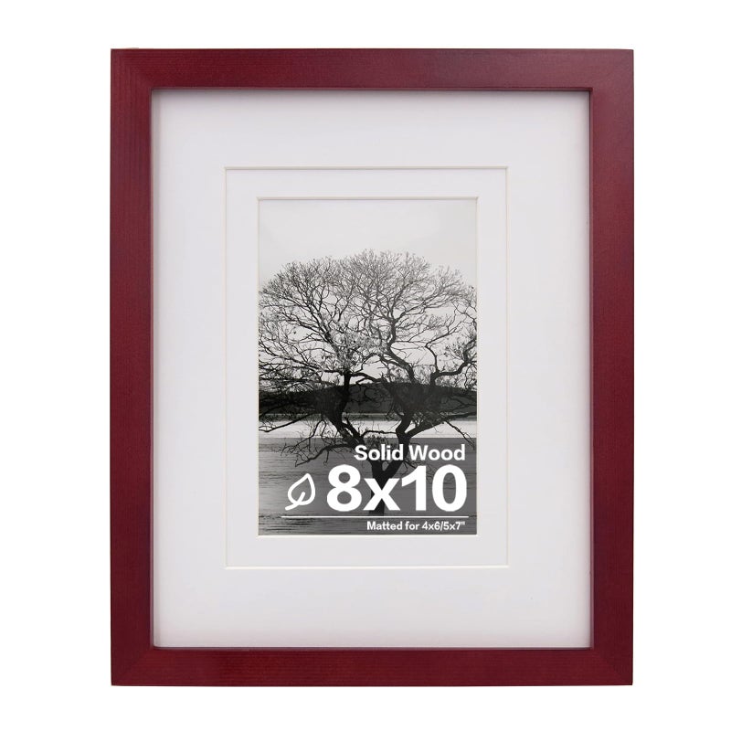 Egofine 8x10 Picture Frame Made of Solid Wood, Covered by Plexiglass for Pictures 4x6 or 5x7 with Mat or 8x10 Without Mat, Photo Frame for Table Top and Wall Display, Cherry Red - Image 1